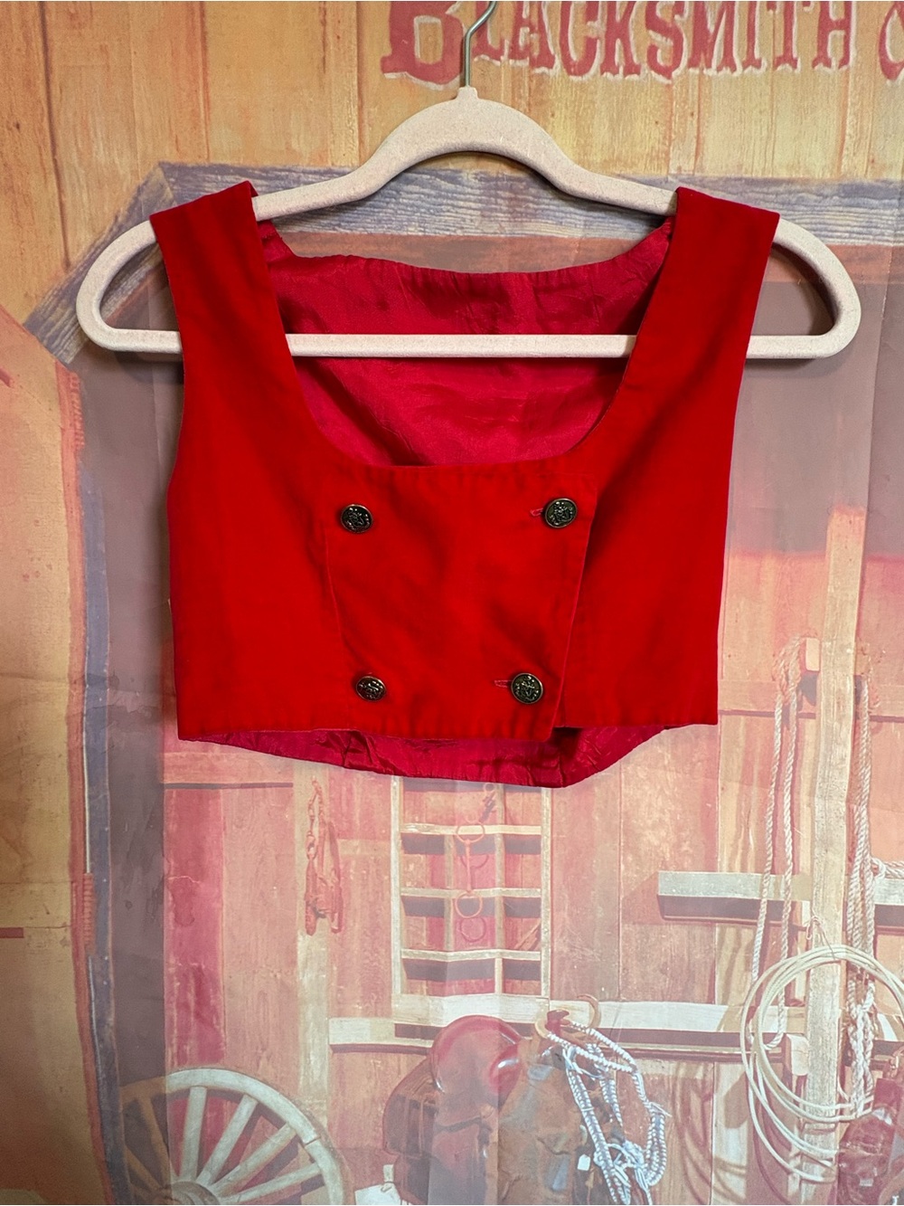 Vintage Red Cropped Vest Top | Double-Breasted Look | XS–Small